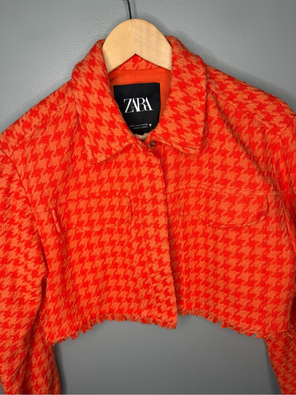 Zara Orange Tweed Cropped Houndstooth Jacket - Picture 4 of 9